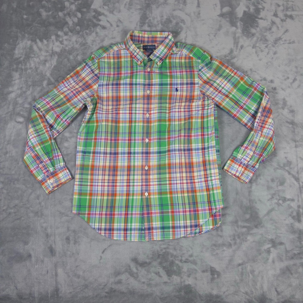 Ralph Lauren Button Down Boys XL 18-20 Green Plaid Madras Long Sleeve Shirt